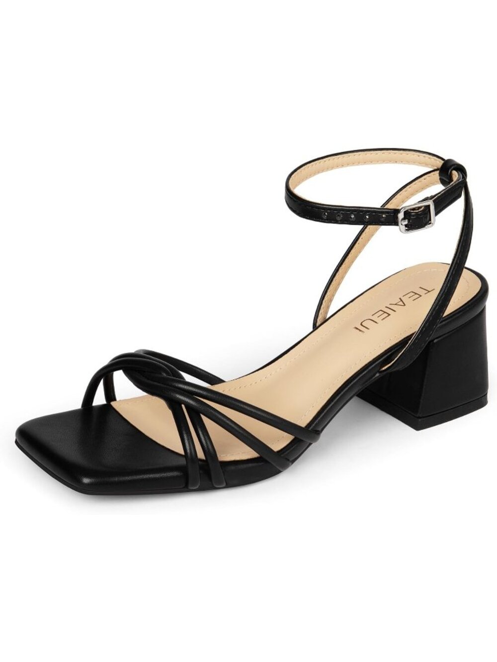 Women's Black Square Open Toe Strappy Ankle Strap Stylish Low Chunky Heel Sandal